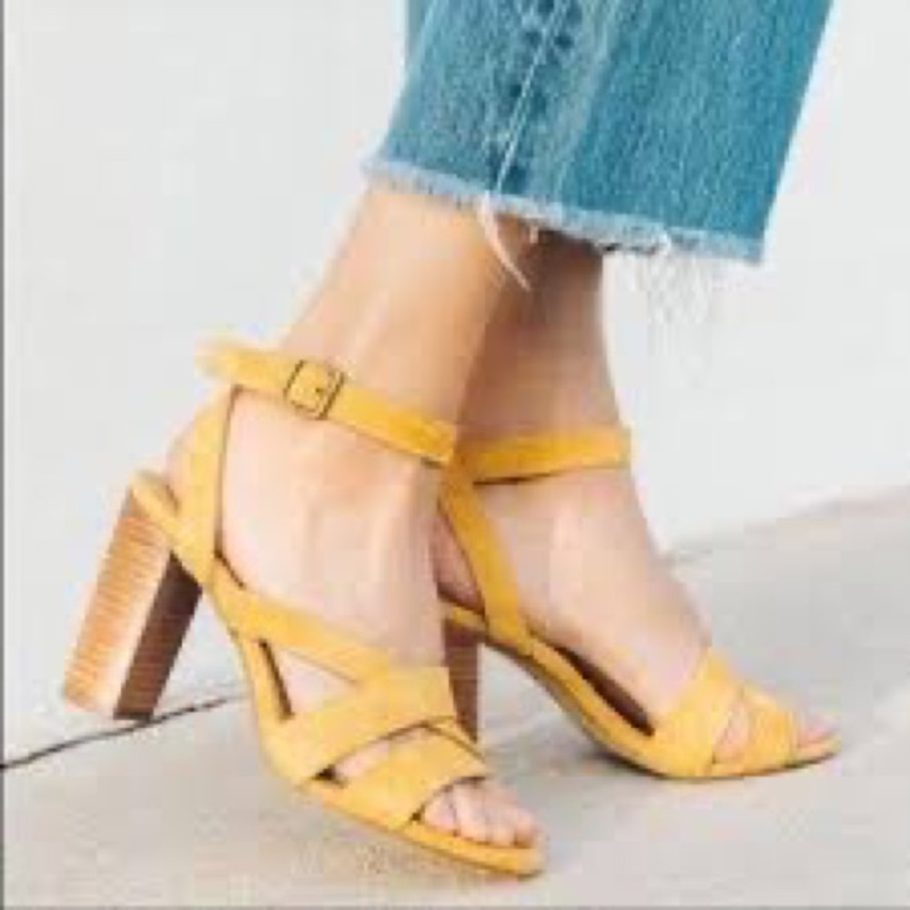 Soludos x Anthropologie Emile Suede Marigold/Mustard Strappy Block Heel Sandals